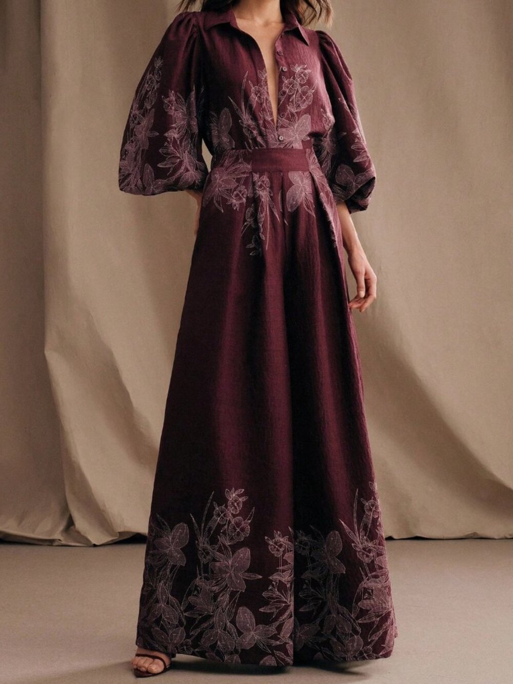 Burgundy Floral Embroidery Puff Sleeve Shirt & Wide Leg Pants Set